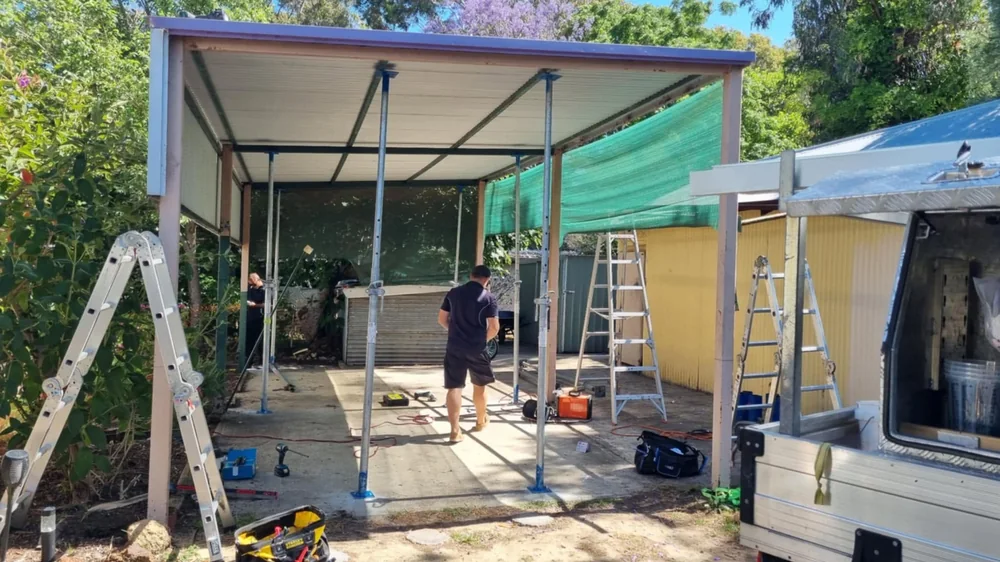 Patio and shed structure mid build